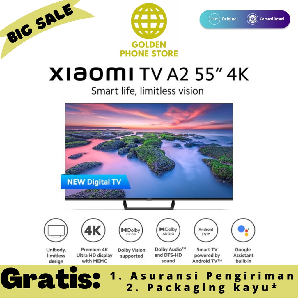 Xiaomi Digital TV A2 55&quot; Layar 4K Ultra HD Dolby Vision® HDR 10 Android TV™ Netflix Disney+