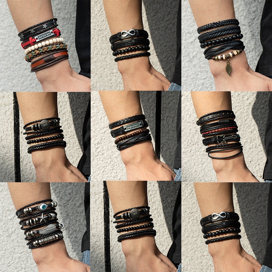4pcs / Set Gelang Tangan Tali Kulit Motif Kepang / Kemudi / Pohon Kehidupan / Manik-Manik Kayu Gaya Vintage Untuk Pria