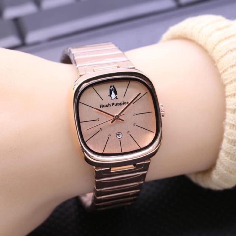 (GOOD QUALITY) Jam Tangan Wanita/Cewek Hush Puppies Segi Full Stainless Tanggal Aktif-A (FULL ROSEGOLD)
