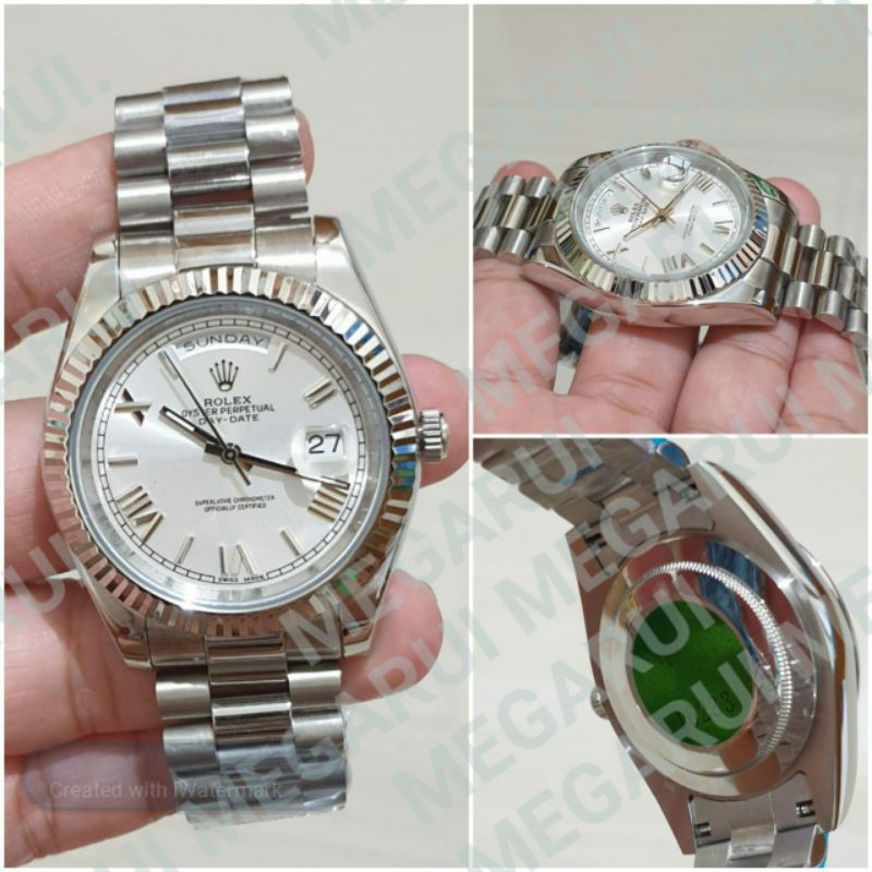 JAM TANGAN COWOK ROLEX DAY DATE SILVER ROMAWI METIC 40MM SUPER PREMIUM AAA