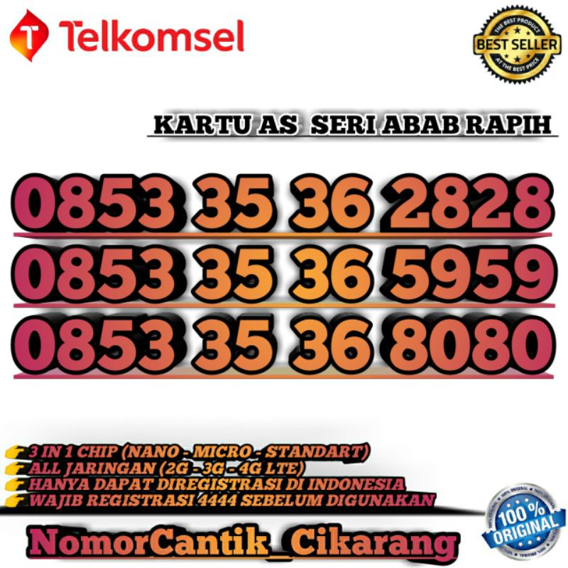NOMOR CANTIK TELKOMSEL KARTU AS  ABAB 2828 8080 5959 / 3536