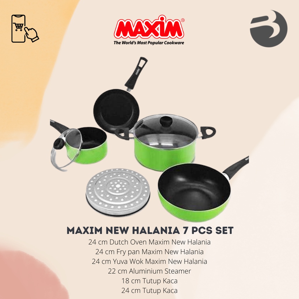 MAXIM New Halania 7 Pcs Set Panci Wajan Penggorengan Wok Teflon Anti Lengket + Sarangan + Tutup Kaca