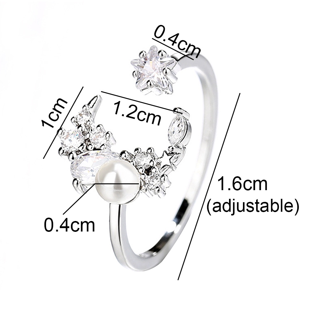 Hu Hu Hu Hu Hu Alat Bantu Pasang Kacamata♡ Cincin Open Ring Adjustable Desain Bulan Bintang Hias Cubic Zirconiamutiara Imitasi Untuk Wanita