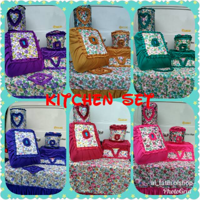 KITCHEN SET BAHAN SATIN ( KULKAS SAJI, TUTUP MAGIC COM, TUTUP GALON, TUTUP KULKAS, TAPLAK MEJA)