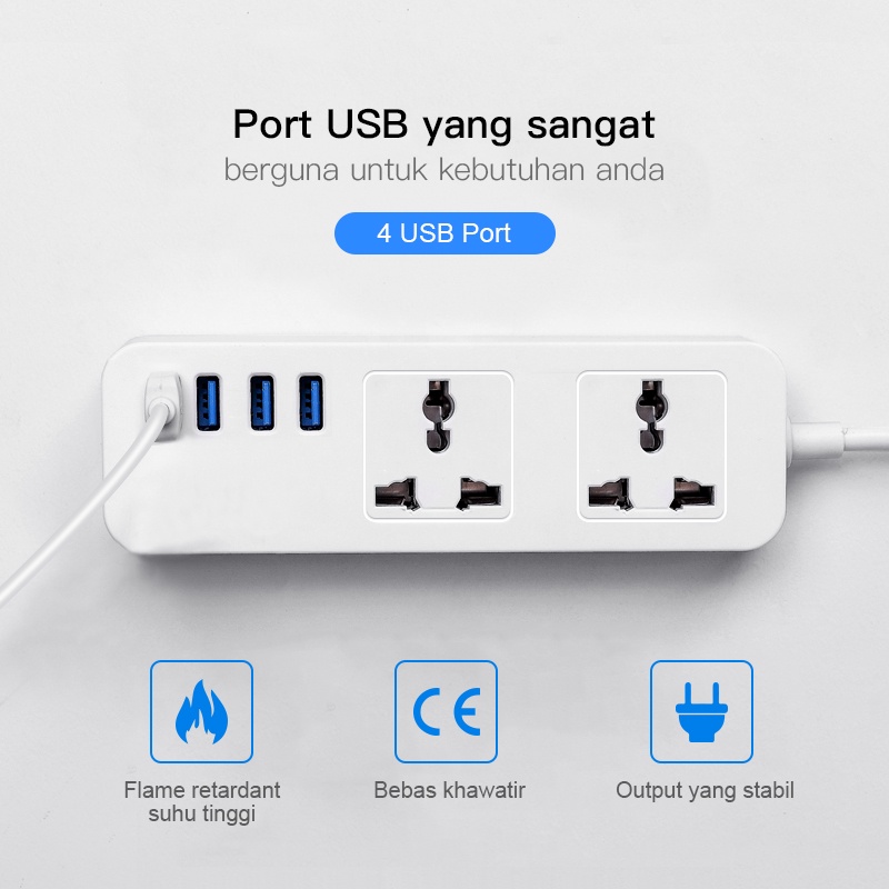 Safety Stop Kontak/Power Strip 2 Soket +4 Smart USB Port Universal Hitam/Putih