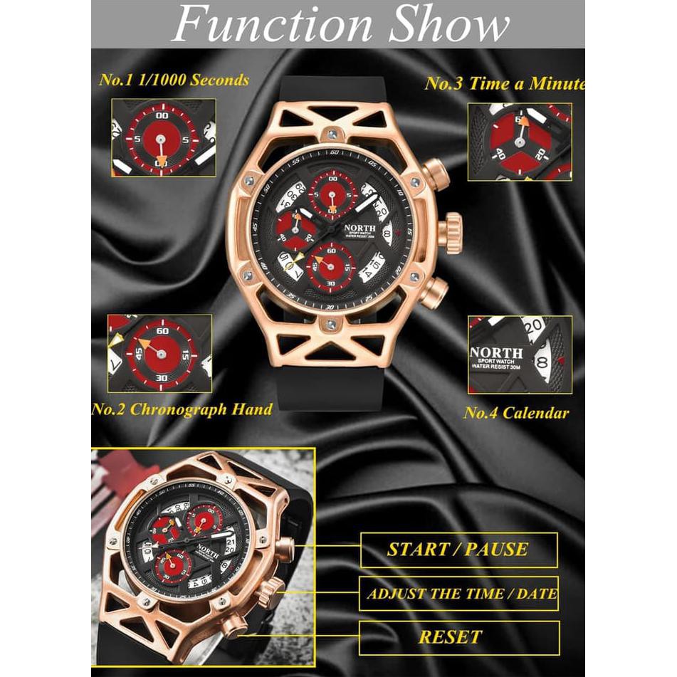 Jam Tangan Pria Original NORTH 7710 Chronograph Anti Air Black Gold JS0081