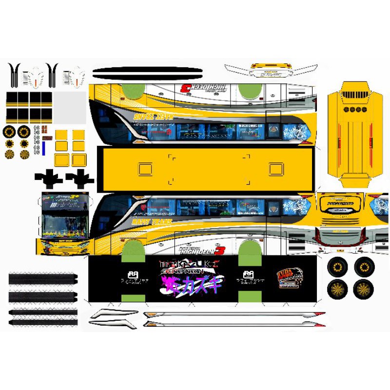 lembaran pola papercraft bus skala 50