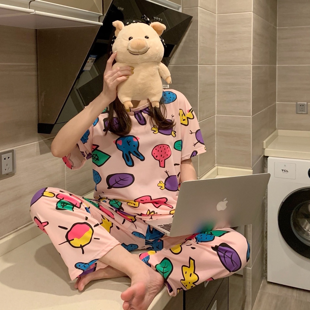 PIYAMA DEWASA WANITA KARAKTER BAHAN KATUN KAOS + CELANA PANJANG IMPORT KARTUN NEW! / BAJU TIDUR SETELAN IMPORT-Rabbit & Tree Pink