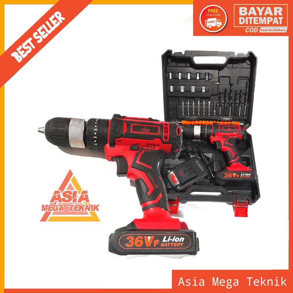 bor baterai - YUKIDO mesin bor baterai 36 volt merah bor cordless wrench lengkap aksesoris set mata 