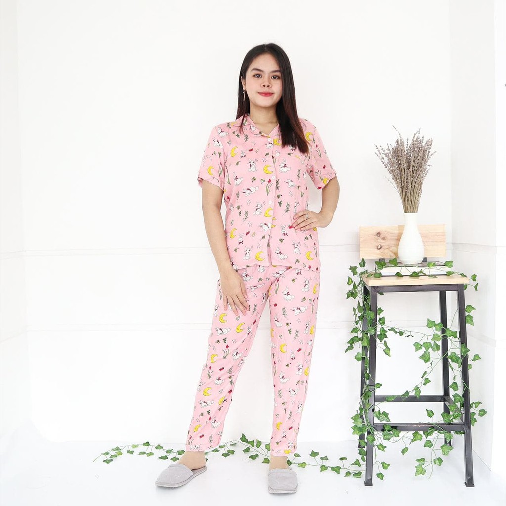 IZANY Piyama CP allsize One Set Rayon Import / Daily Set / Tie dye-RABBIT PITA PINK
