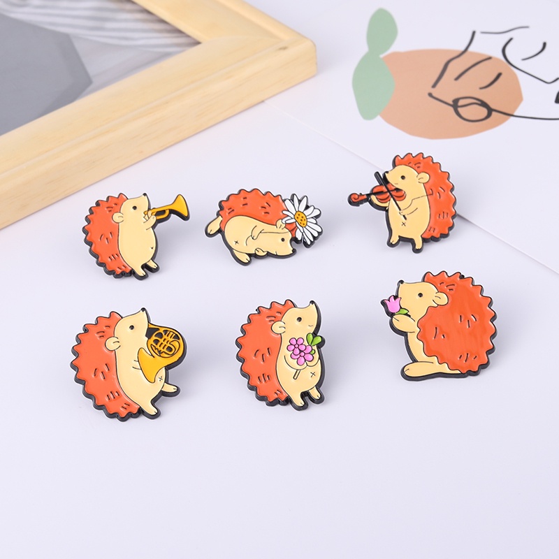 6 Styles Cartoon Hedgehog Enamel Pin Hedgehog Musician Cute Badge Brooch Lapel Pin Animal Jewelry Gifts