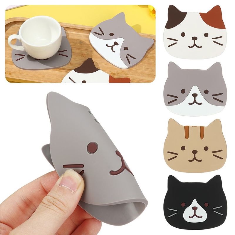 Tatakan Gelas / Botol / Mangkok Motif Kucing Bahan PVC Anti slip Tahan Panas Untuk Dapur