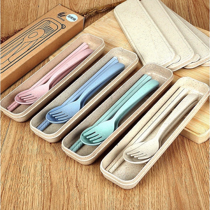 A85-A88 SENDOK GARPU SUMPIT SATU SET 3 IN 1 alat makan warna pink biru hijau cream kuning blue green merah muda blue krem kotak plastik tebal pelastik pastel murah termurah travel travelling