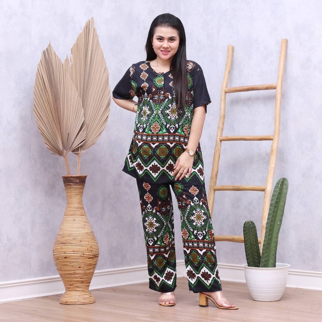 Batik Prass - Setelan Baju Tidur Busui Lengan Pendek - Piyama Batik Terbaru - Baju Santai-ASHANTI HIJAU