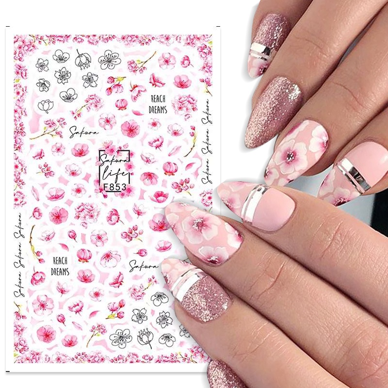 Stiker Kuku 3D Motif Bunga / Daun / Tulisan Warna Pink Untuk Dekorasi Nail Art / Manicure