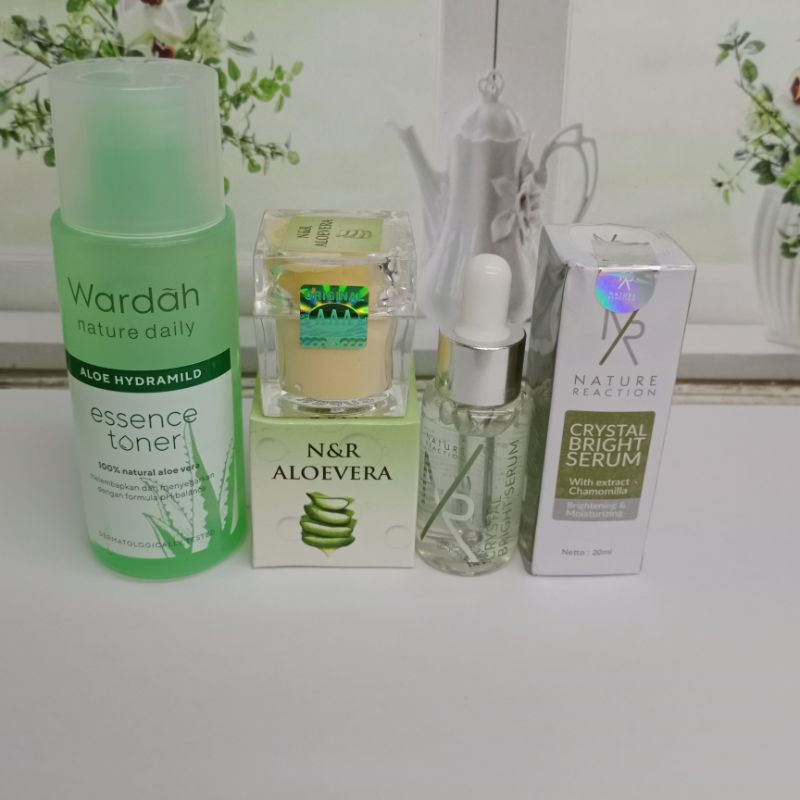 4in1 Paket Aloevera Serum NR+Cream Aloe Vera+Essence Toner Hydramild+Sabun Batang N&amp;R Whitening