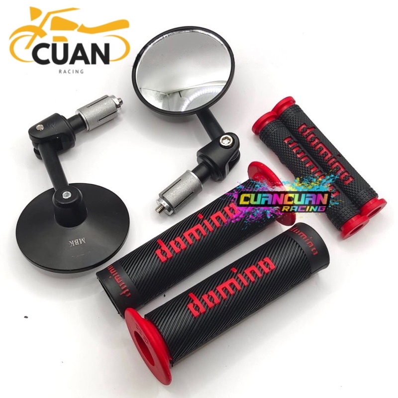 Spion Jalu Cembung plus Handgrip Domino Bulu plus Karet handle Domino 1 paket 3 item Universal all Motor