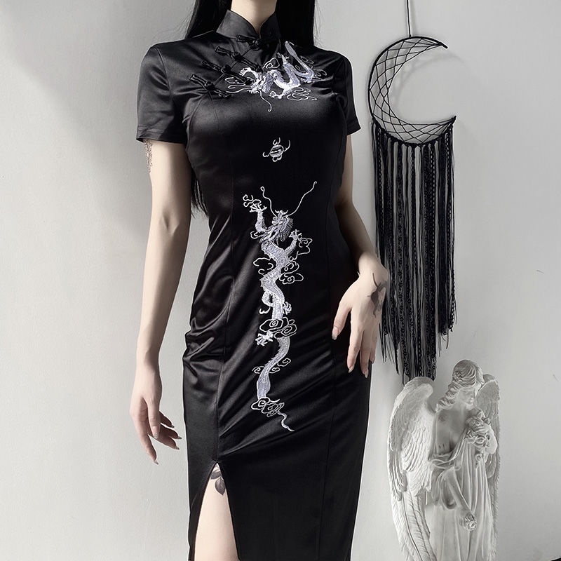 Vintage dragon embroidery high-grade cheongsam new 2021 dress vertical high split improved long skir