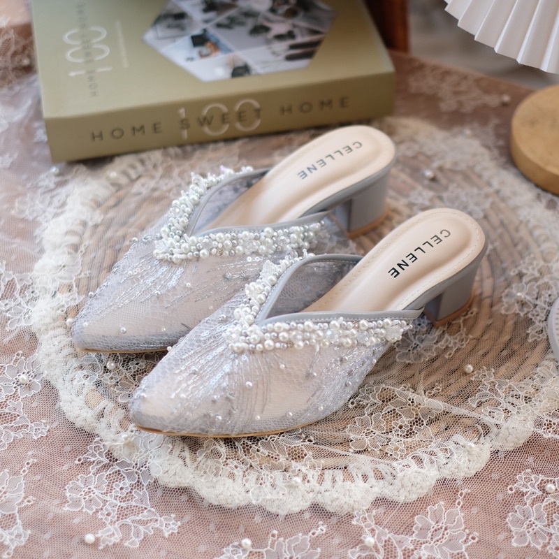 CELLENE Brenda Beads Heels (2warna) / wedding shoes sepatu pengantinbrukat payet putih heels 5cm