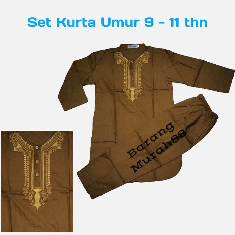 Baju Setelan Kurta/Baju Koko Muslim Anak Laki Umur 9 10 11 Tahun - Cokelat