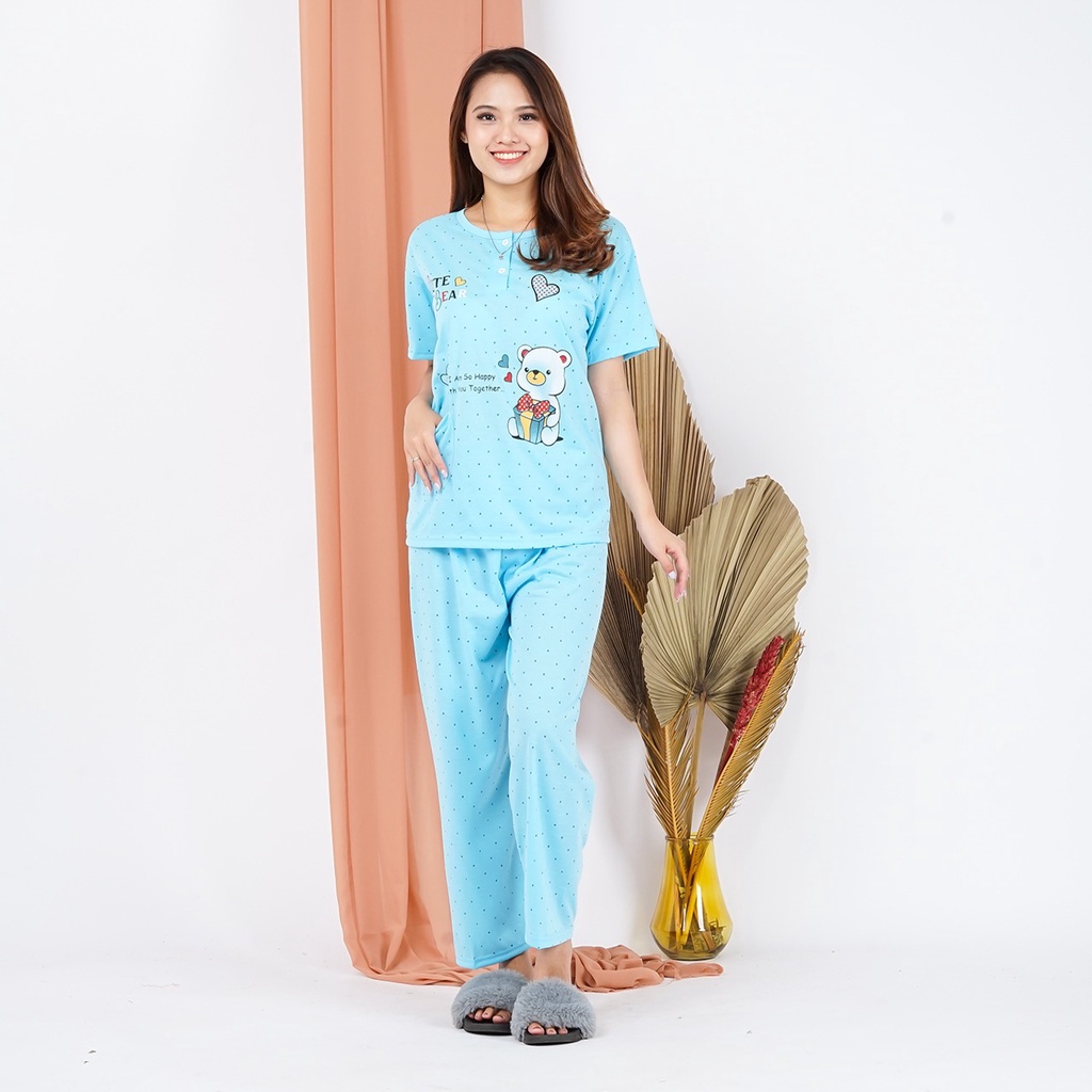 Lilipop.id  Baju Tidur Wanita CP Cute Bear Setelan Piyama BabyDoll Kaos Celana Panjang