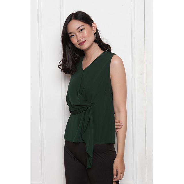 ruffle side sleeveless V blouse - Dark Green