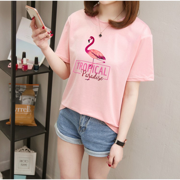 T-Shirt Wanita Korea Style Kaos Santai Fashion Kaos Ulzzang Gambar Flaminggo Tulisan Tropical