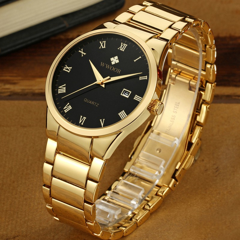 Jam Tangan Laki Fashion Pria Formal Wwoor 8830 Gold Black Strap Tali Rantai Anti Air Quality Origina