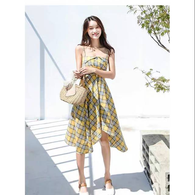 GINGHAM YELLOW ASSIMETRIS DRESS