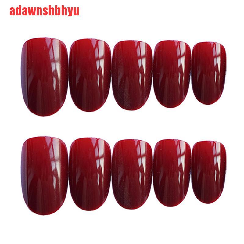 24pcs Kuku Palsu Warna Merah Wine Bentuk Bulat Untuk Dekorasi Manicure