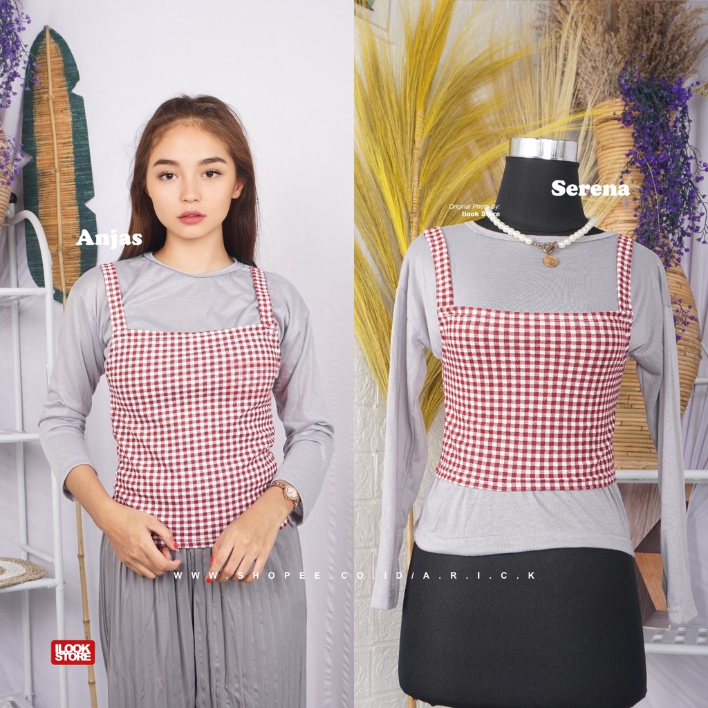 ilook | Tanktop Anjas | Tanktop Serena Gingham | Tanktop Outer Bahan Creap Motif Kotak-MAROON