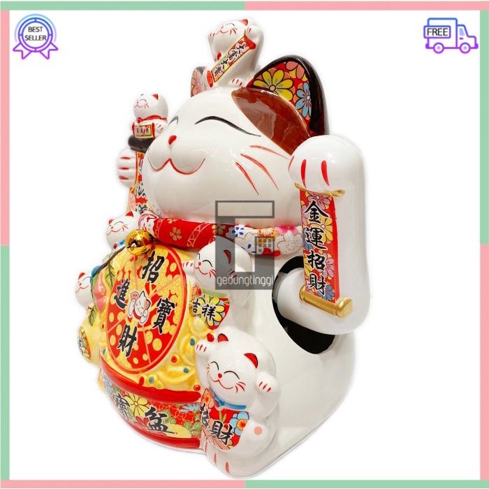 Pajangan Patung Hiasan Dekorasi Boneka Kucing Panggil Rejeki Rezeki Hoki Maneki Neko Maneko Neki ManekiNeko Lucky Cat Keberuntungan Keramik Baterai Batrai Batre Listrik Tangan Gerak Goyang Hias Meja Etalase Toko Kantor Resto Cafe Murah Cina China Jepang