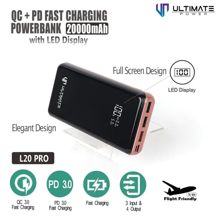 Ultimate Powerbank 20000mah L20 Pro QC+PD Fast Charging With LED