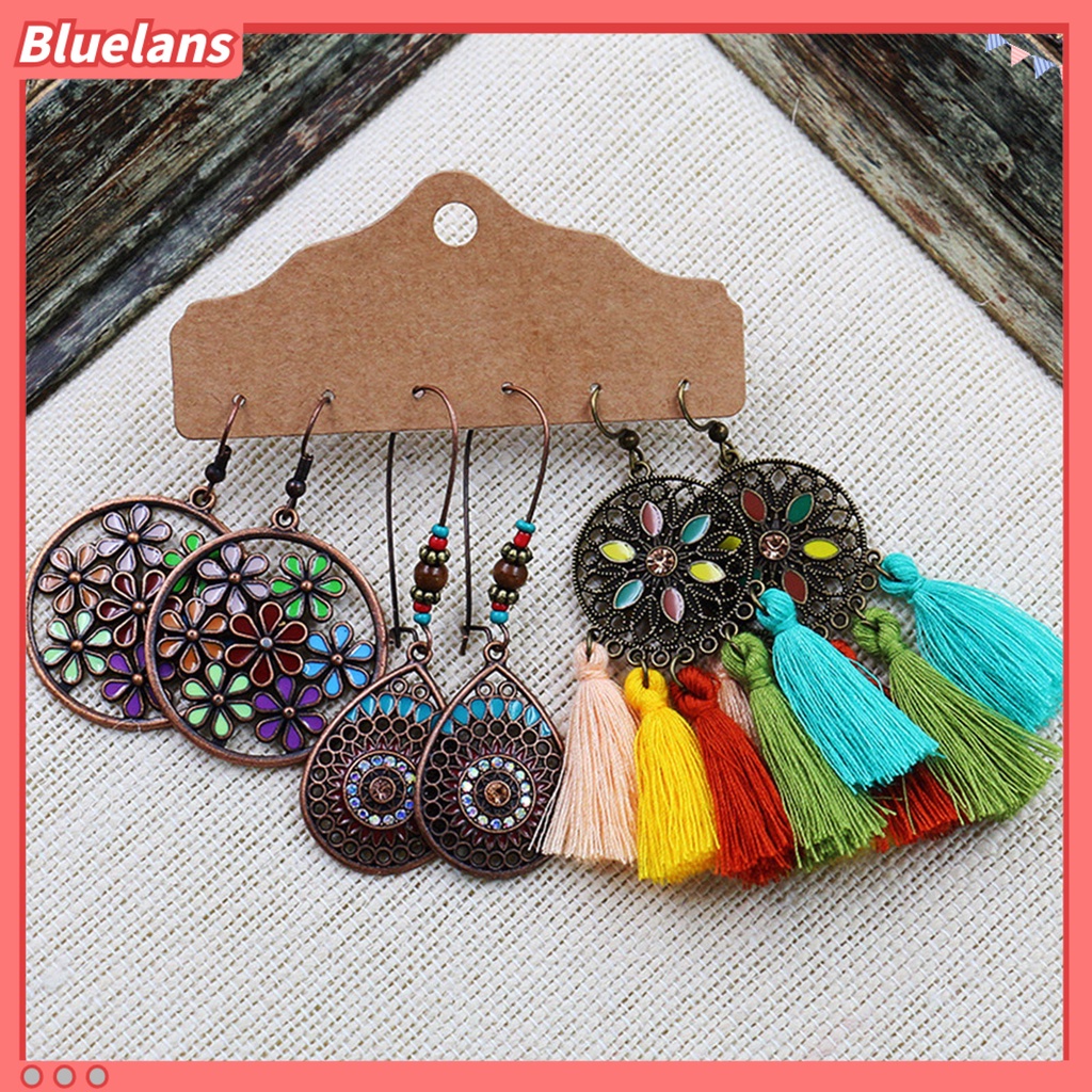 Bluelans 3 Pasang Anting Kait Gantung Wanita Desain Geometri Hias Rumbai Bahan Alloy Gaya Bohemian