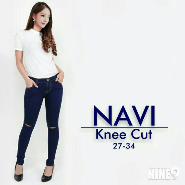 Celana jeans ripped jeans navy sobek lutut