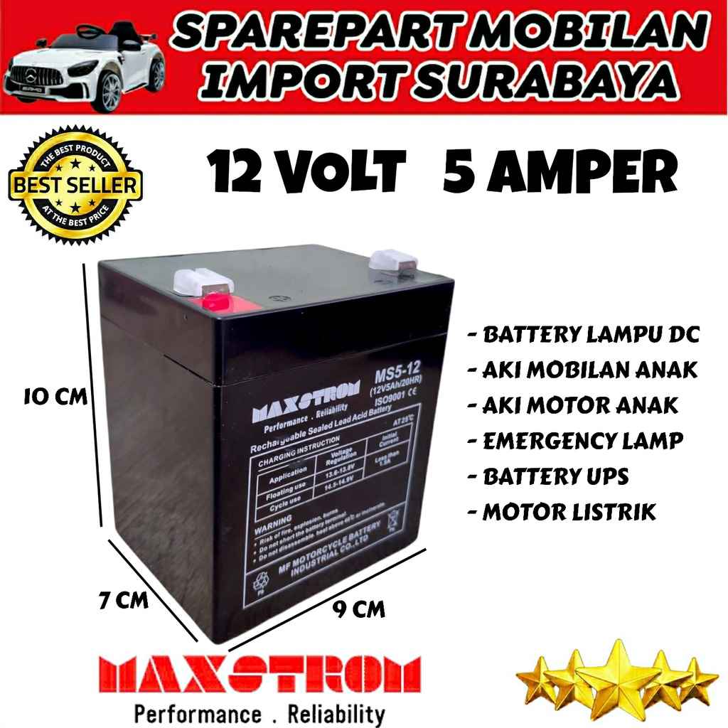 MAXSTROM 12V 5AH BATERAI MOBIL MOBILAN ANAK 12 VOLT 4.5AH BATTERY VRLA SEPEDA LISTRIK RIDE ON CAR TOYS CHILDREN PLIKO EXOTIC PASIFIC PMB