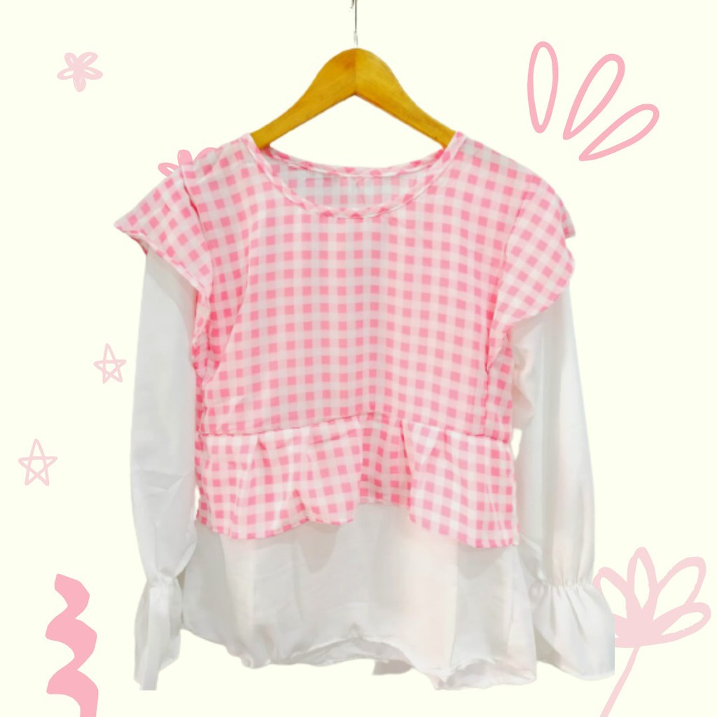 Tiara gingham top kombinasi / 2tone gingham shirt / atasan wanita cantik