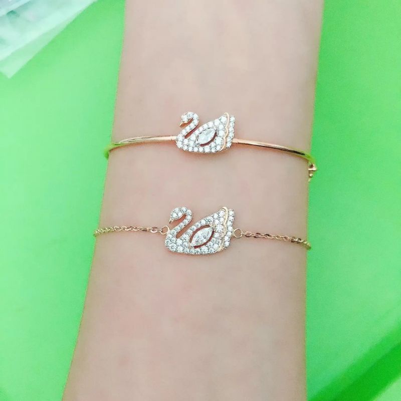 Set Kalung, gelang rantai, bangle dan cincin swan rachel rose batu putih, fuschia, pink UBS kadar 375 8K