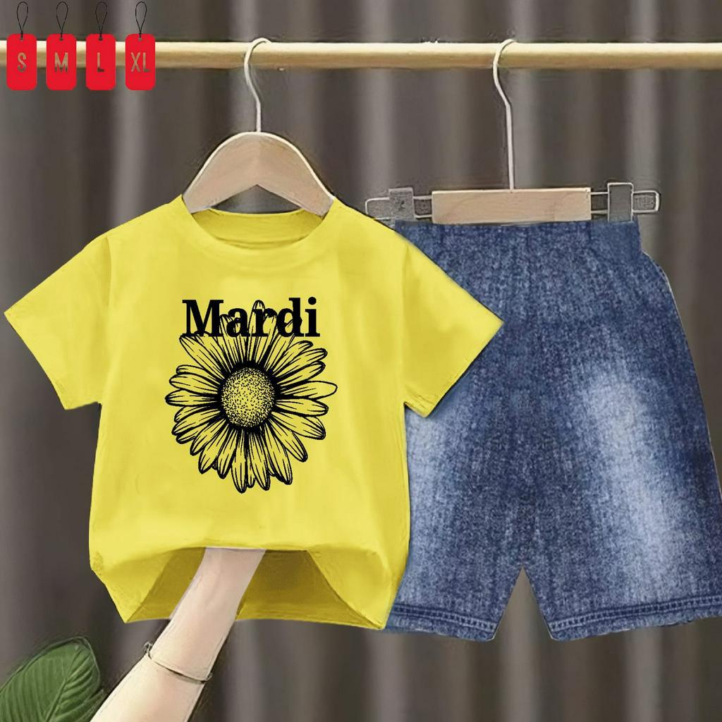 Setelan Kaos Anak Bunga MARDl /oneset Celana Semi jeans Size S,M,L,XL