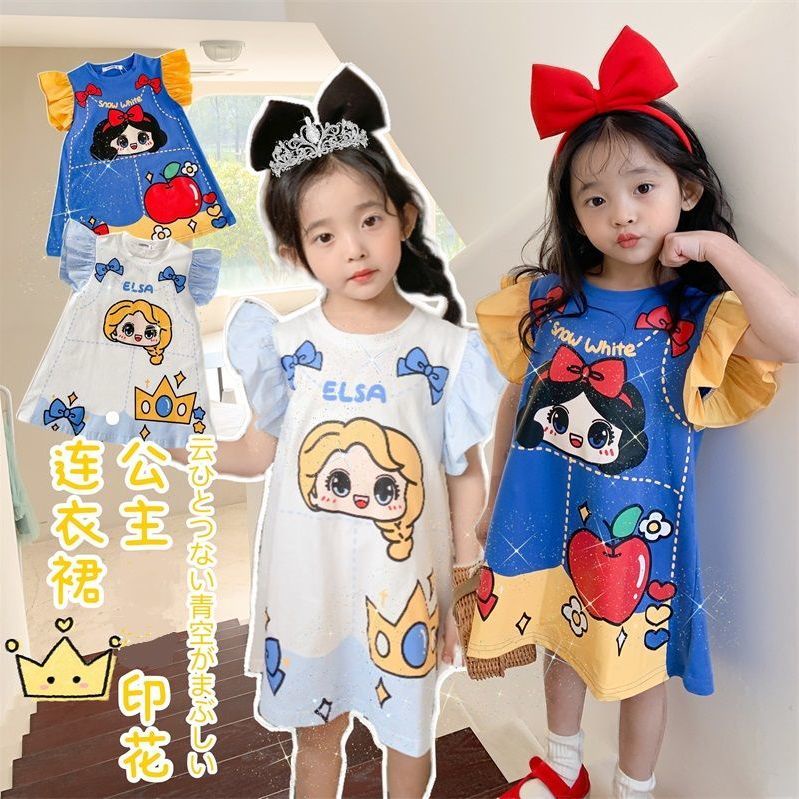 [PRINCESS KESLI] SIZE(90-140)Kaos Dress Anak Perempuan Bayi Putri Kartun  Anak Cewek Gaun Berusia 1-8 Tahun Kaos Snow White Frozen Elsa