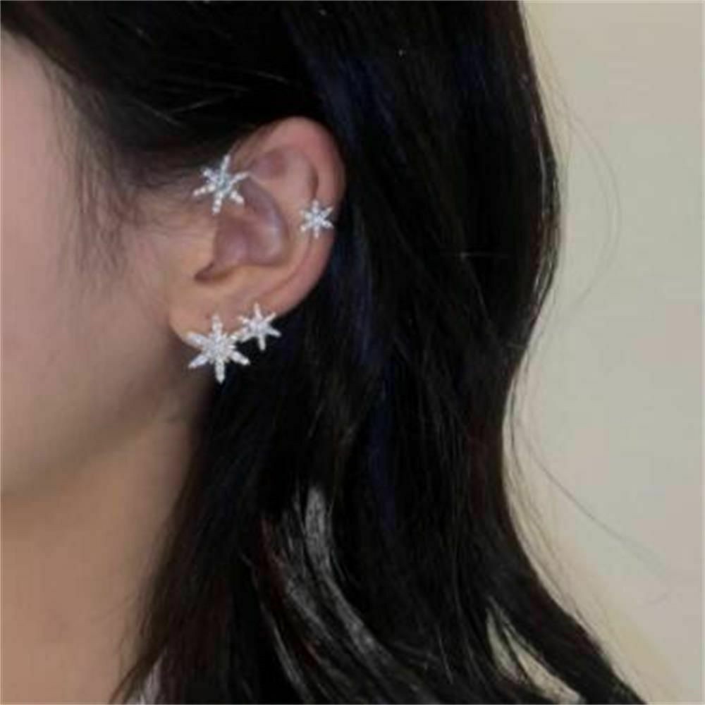 1pcs Korea Fashion Perak Mengkilap non-berlubang Kepingan Salju Berlian Imitasi Perak Anting Klip Telinga untuk Wanita