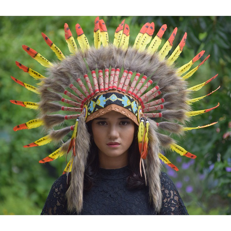 TOPI INDIAN - INDIAN HEADDRESS SMALL ANGSA MONTE KUNING TUTUL MERAH FUR COKLAT