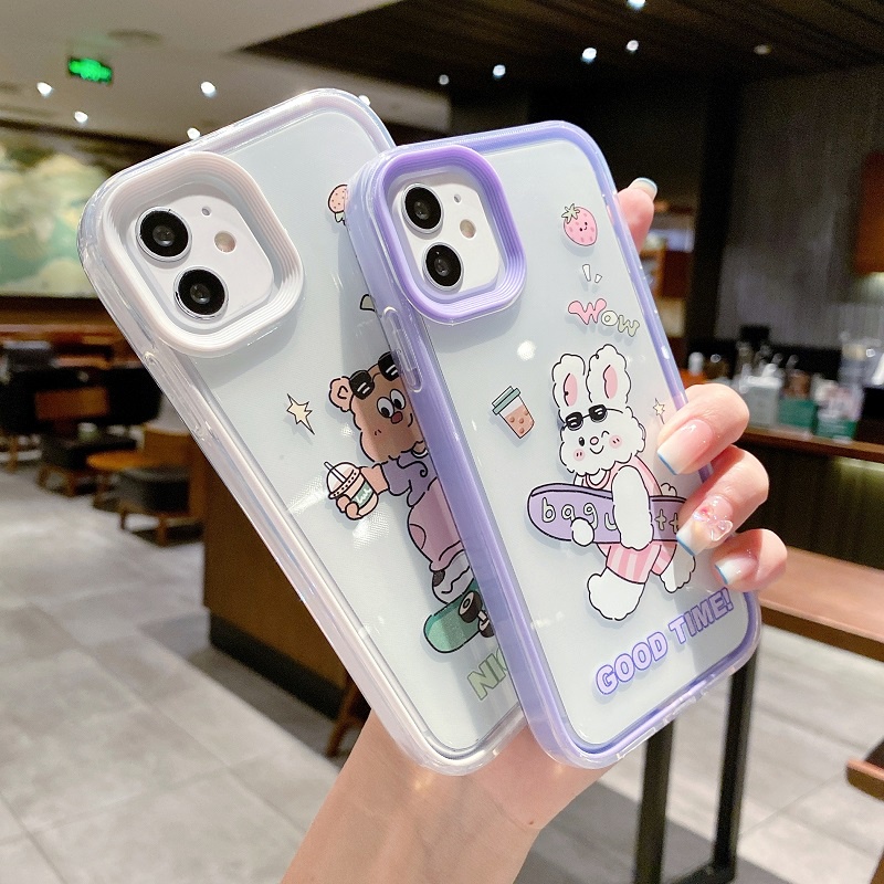 (3 In 1) Casing iPhone 11 12 13 Pro MAX X XR XS MAX 7 8 + Motif Beruang + Kelinci Lucu