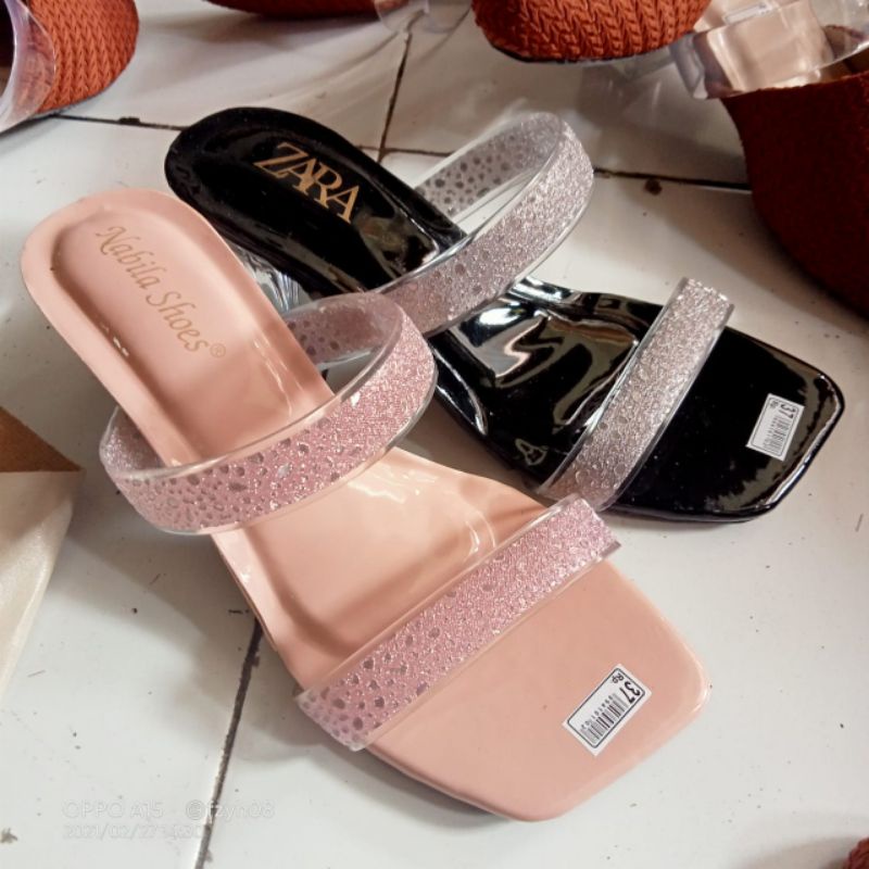 Sandal Wanita Heels Kaca ZARA/Hak Kaca jelly Glitter Andin terlaris bisa COD