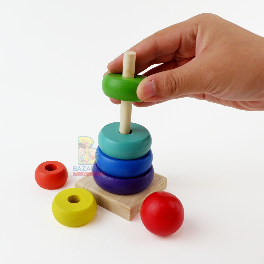 Balok Susun Anak Rainbow Tower Toys Balok Susun Mainan Kayu Mainan Balita Mainan Balok Kayu Wooden Toys Donat Susun Pelangi 206-25