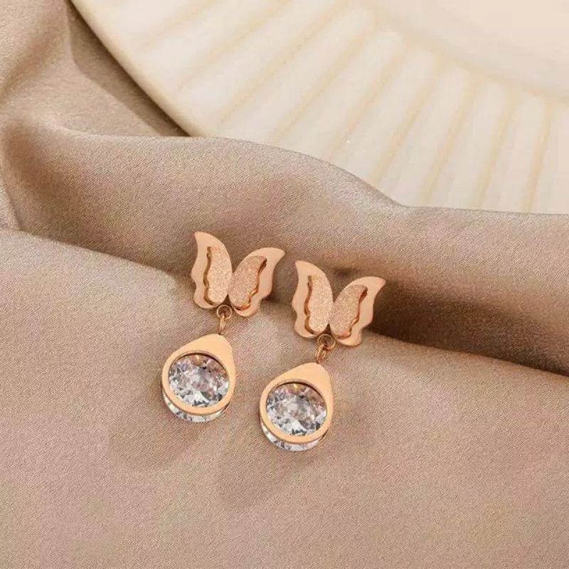 GG Anting Tusuk Berlian kupu kupu Titanium Rose Gold#AT-150