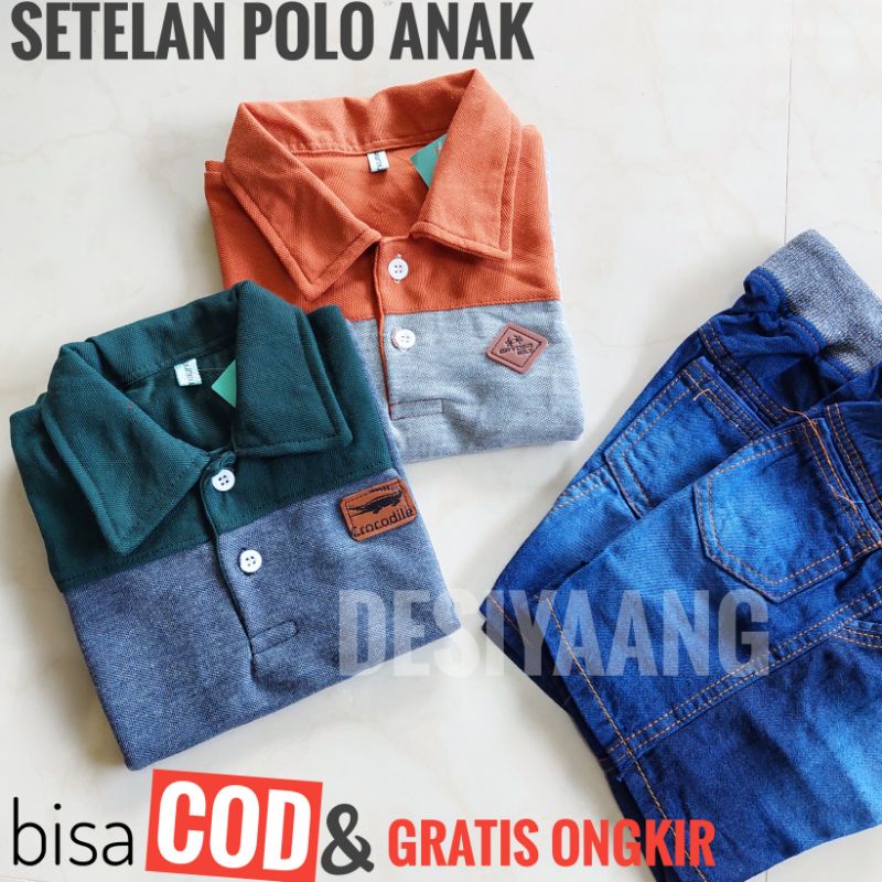 Setelan Anak Laki Laki Polo Kerah Kombinasi dan Celana Pendek Jeans Premium Usia  5-6 Tahun