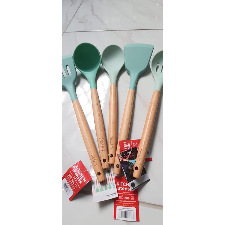 Paket Spatula Cypruz Sodet Silikon Gagang Kayu Silicone Hijau Set