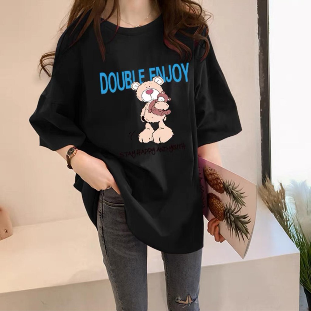 Overtee Tshirt Oversize Wanita Motif Bear Double Enjoy - 100% Import