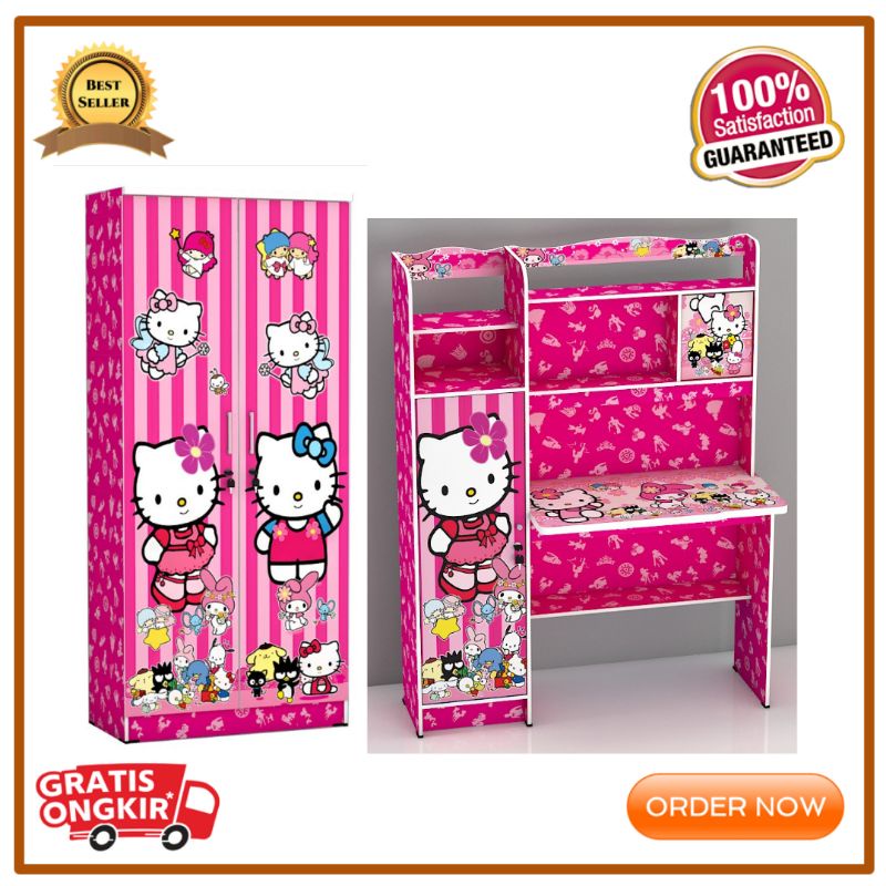 SET ANAK PEREMPUAN HELLO KITTY MEJA BELAJAR + LEMARI COD CIREBON INDRAMAYU KUNINGAN BREBES TEGAL